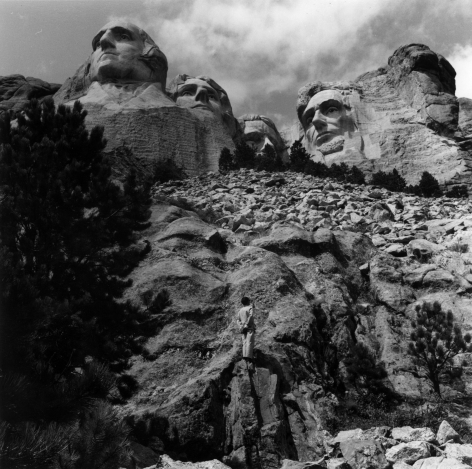 Tseng Kwong Chi,&nbsp;Mount Rushmore, South Dakota, 1986. Gelatin silver print, image: 15&nbsp;x 15&nbsp;inches, frame: 24 x 24 inches.