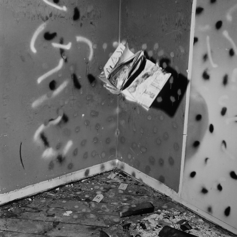 John Divola,&nbsp;Vandalism (74V09), 1974. Gelatin silver print. Image: 15 x 15 inches, frame: 25 x 24 inches.